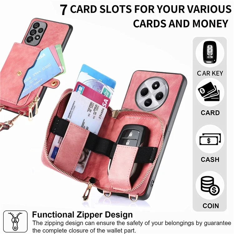 Capa com zíper para Xiaomi Redmi 14C 4G / 14R 5G / Poco C75 4G Carteira Capa de couro para celular com suporte e alça de ombro - Preto