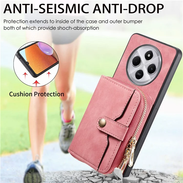 Capa com zíper para Xiaomi Redmi 14C 4G / 14R 5G / Poco C75 4G Carteira Capa de couro para celular com suporte e alça de ombro - Preto