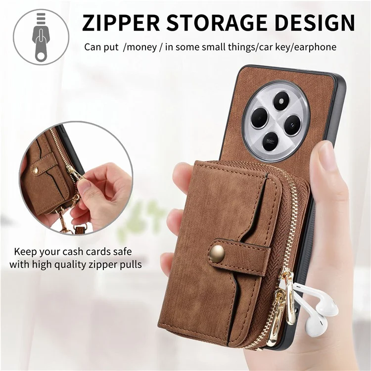 Capa com zíper para Xiaomi Redmi 14C 4G / 14R 5G / Poco C75 4G Carteira Capa de couro para celular com suporte e alça de ombro - Preto