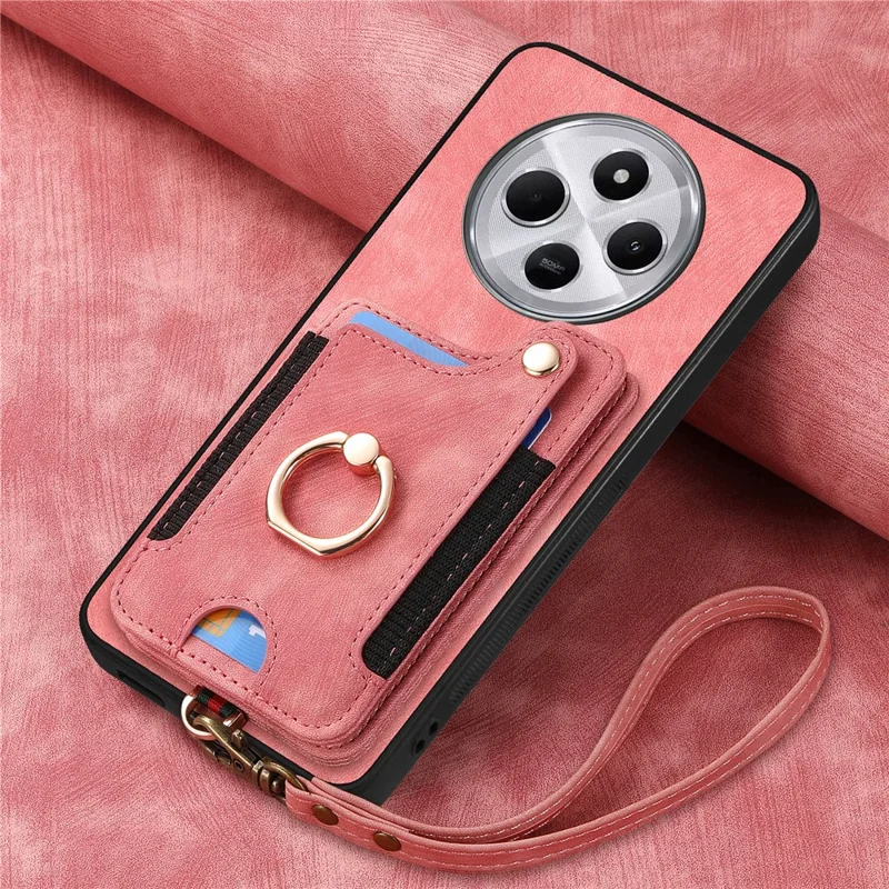 RFID Blocking Case For Xiaomi Redmi 14C 4G / 14R 5G / Poco C75 4G Handbag Leather+TPU Phone Cover Card Slots, Ring Holder - Pink