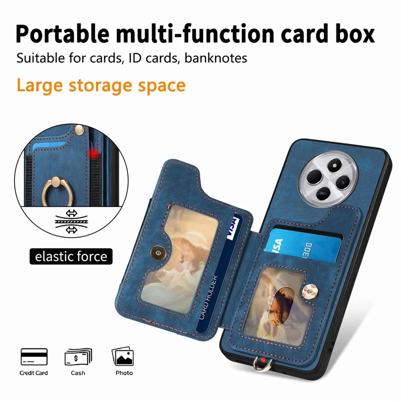 RFID Blocking Case For Xiaomi Redmi 14C 4G / 14R 5G / Poco C75 4G Handbag Leather+TPU Phone Cover Card Slots, Ring Holder - Black