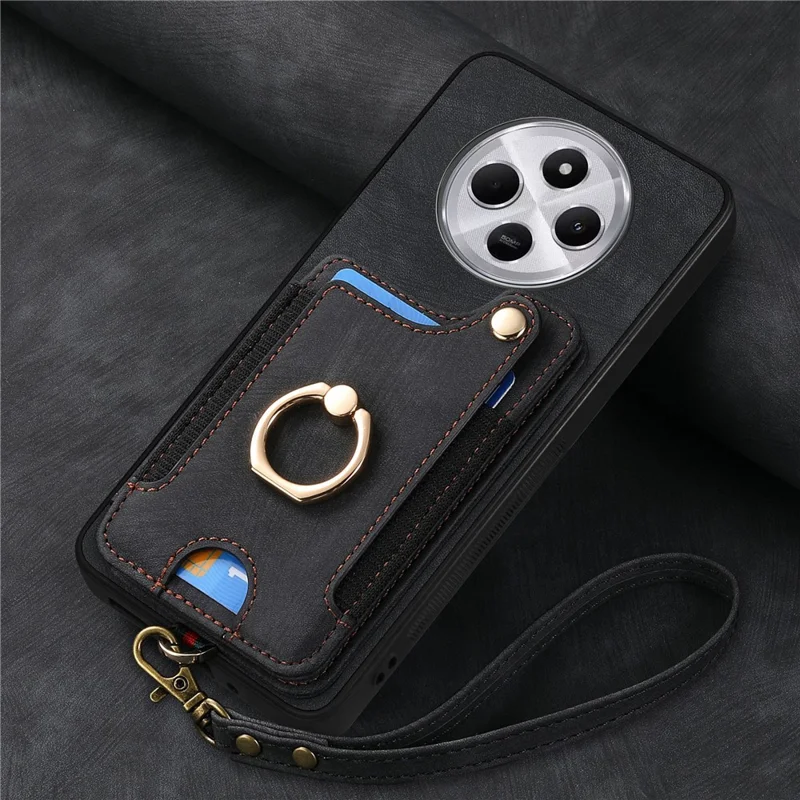 RFID Blocking Case For Xiaomi Redmi 14C 4G / 14R 5G / Poco C75 4G Handbag Leather+TPU Phone Cover Card Slots, Ring Holder - Black