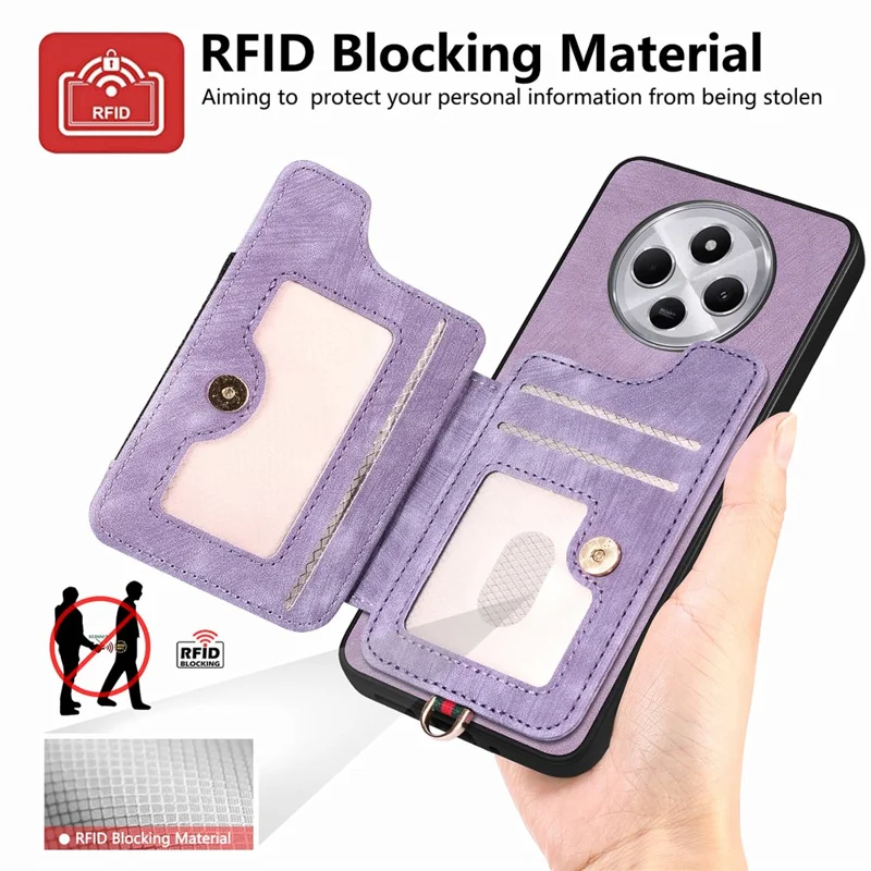 RFID Blocking Case For Xiaomi Redmi 14C 4G / 14R 5G / Poco C75 4G Handbag Leather+TPU Phone Cover Card Slots, Ring Holder - Green
