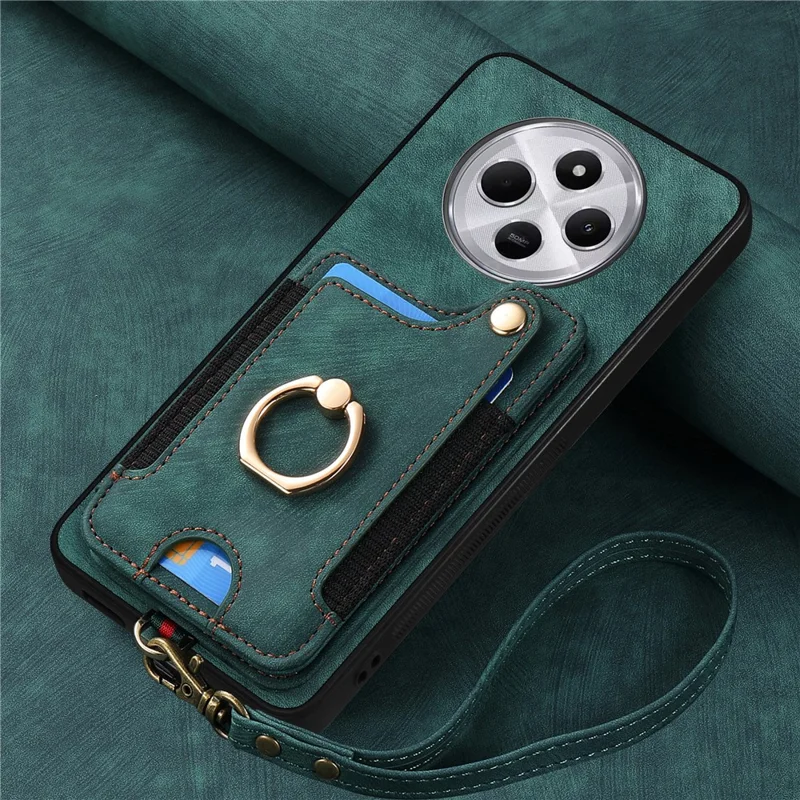 RFID Blocking Case For Xiaomi Redmi 14C 4G / 14R 5G / Poco C75 4G Handbag Leather+TPU Phone Cover Card Slots, Ring Holder - Green