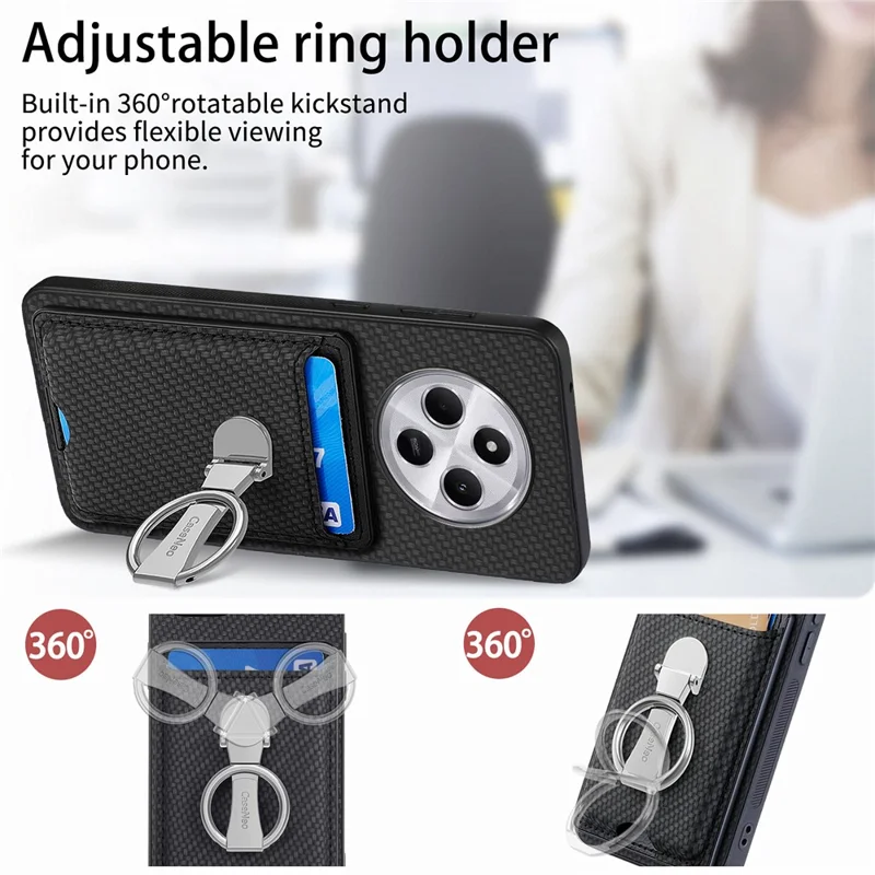CASENEO C1-9 Funda para Xiaomi Redmi 14C 4G / 14R 5G / Poco C75 4G con soporte, ranuras para tarjetas, tapa trasera de cuero con textura de fibra de carbono - Negro