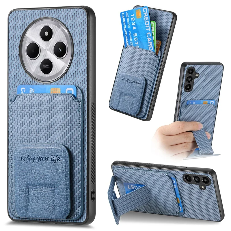 Étui pour Xiaomi Redmi 14C 4G / 14R 5G / Poco C75 4G Porte-carte Texture fibre de carbone Revêtement en cuir TPU Housse de téléphone - Bleu