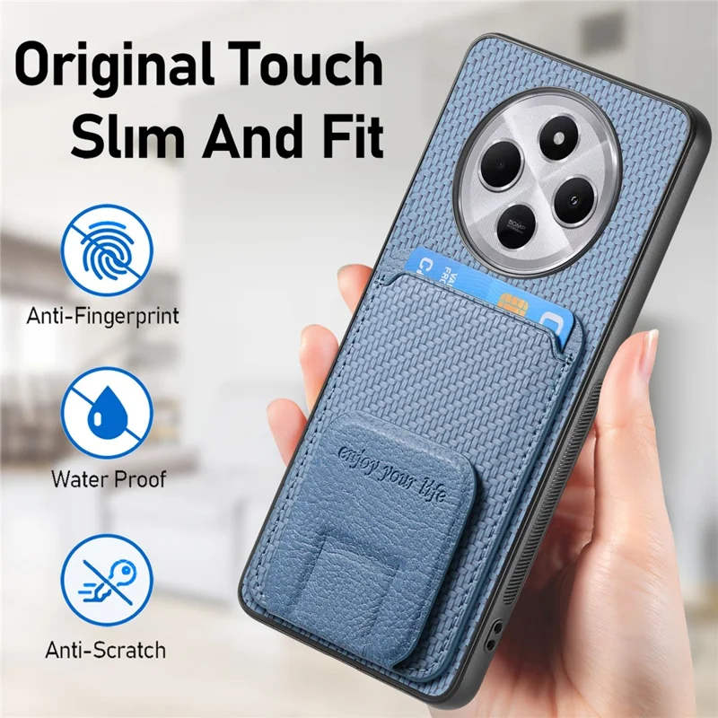 Étui pour Xiaomi Redmi 14C 4G / 14R 5G / Poco C75 4G Porte-carte Texture fibre de carbone Revêtement en cuir TPU Housse de téléphone - Bleu