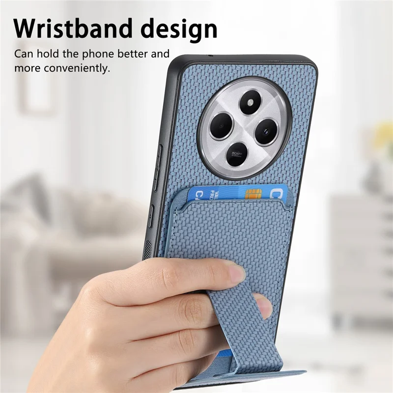 Étui pour Xiaomi Redmi 14C 4G / 14R 5G / Poco C75 4G Porte-carte Texture fibre de carbone Revêtement en cuir TPU Housse de téléphone - Bleu
