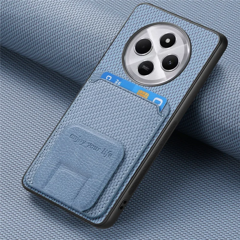 Étui pour Xiaomi Redmi 14C 4G / 14R 5G / Poco C75 4G Porte-carte Texture fibre de carbone Revêtement en cuir TPU Housse de téléphone - Bleu