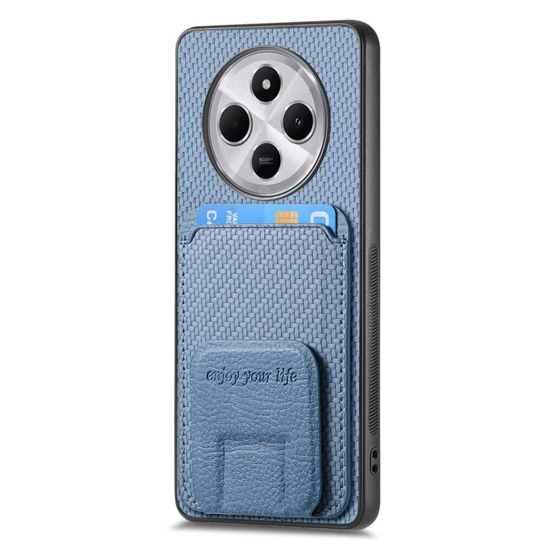 Étui pour Xiaomi Redmi 14C 4G / 14R 5G / Poco C75 4G Porte-carte Texture fibre de carbone Revêtement en cuir TPU Housse de téléphone - Bleu