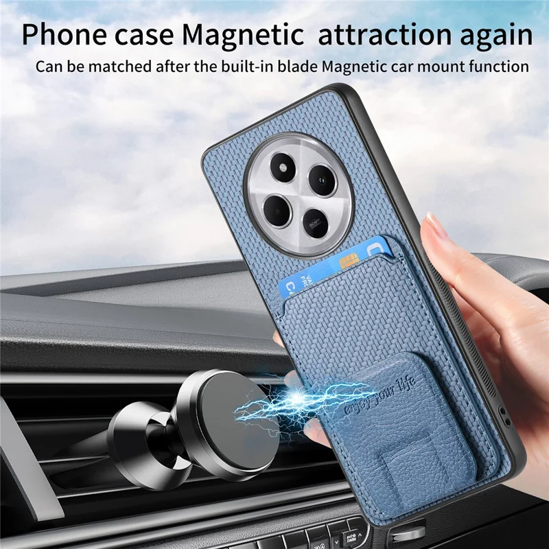 Étui pour Xiaomi Redmi 14C 4G / 14R 5G / Poco C75 4G Porte-carte Texture fibre de carbone Revêtement en cuir TPU Housse de téléphone - Bleu