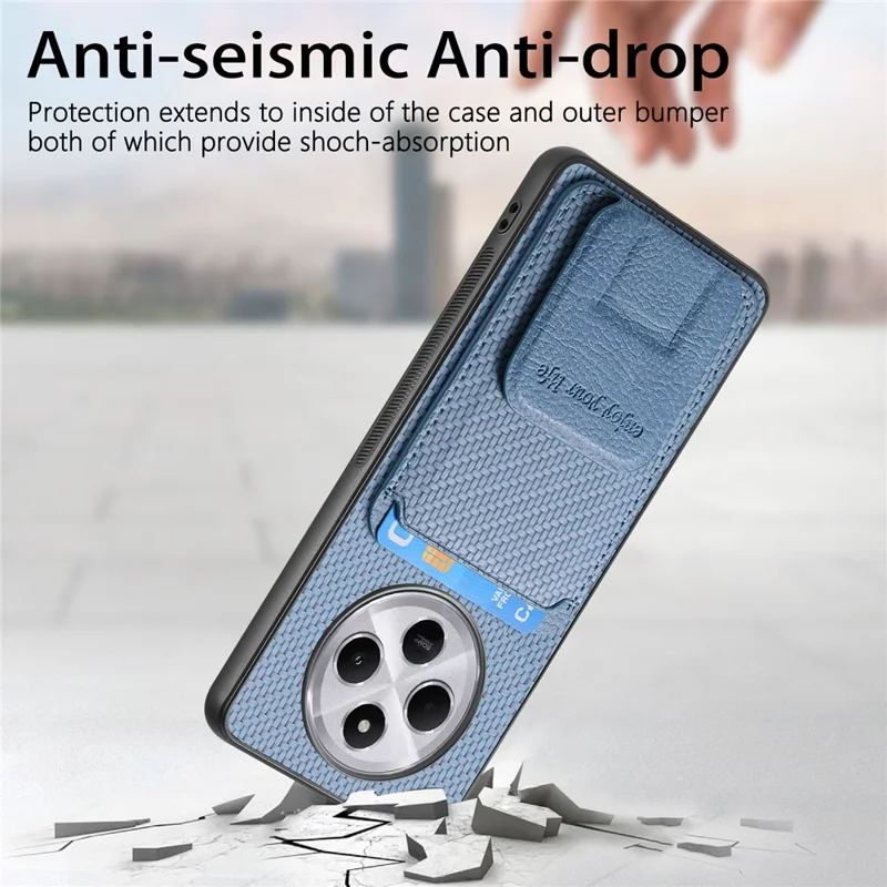 Étui pour Xiaomi Redmi 14C 4G / 14R 5G / Poco C75 4G Porte-carte Texture fibre de carbone Revêtement en cuir TPU Housse de téléphone - Bleu