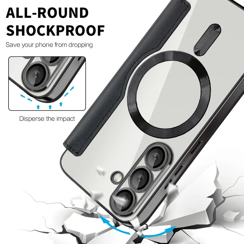 For Samsung Galaxy S25 Case Compatible with MagSafe RFID Blocking Leather Phone Cover - Black