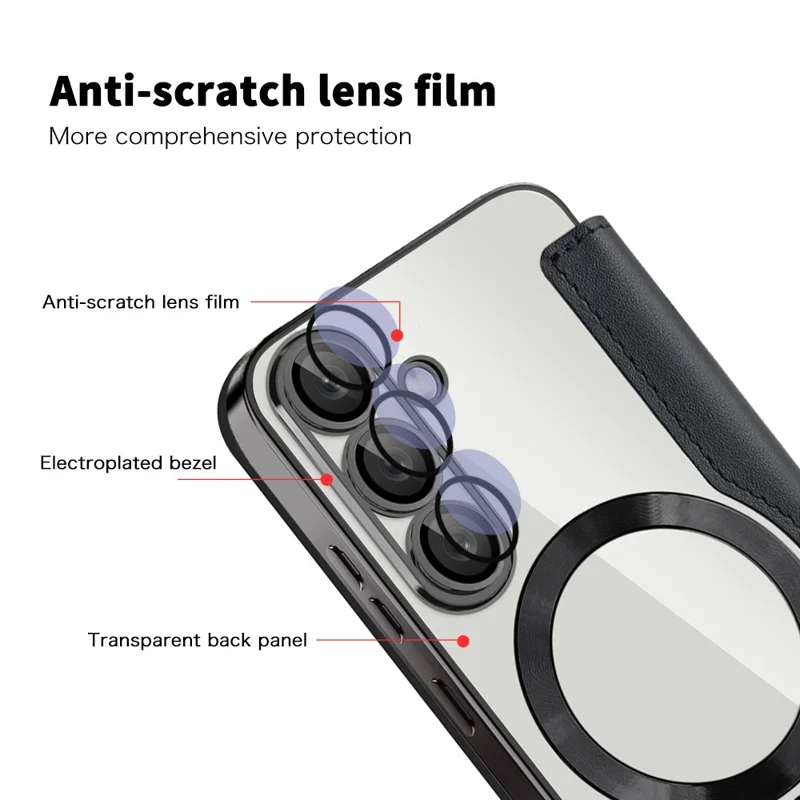 For Samsung Galaxy S25 Case Compatible with MagSafe RFID Blocking Leather Phone Cover - Black