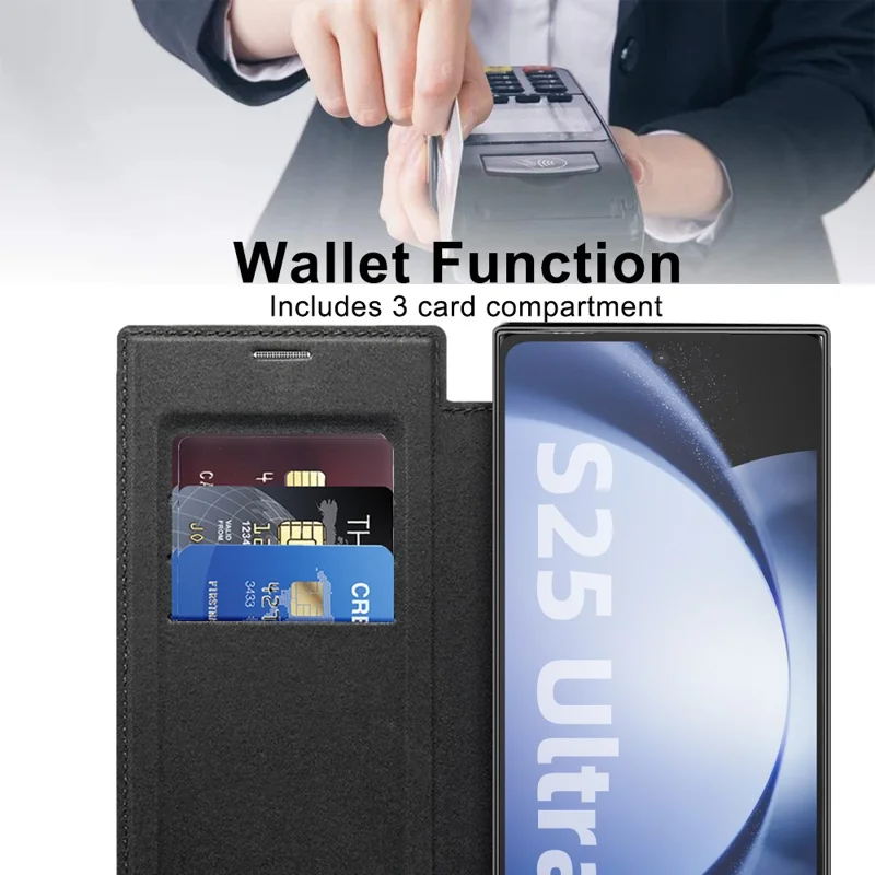 Чехол для Samsung Galaxy S25 Ultra совместимый с MagSafe, с блокировкой RFID, кожаный - Черный