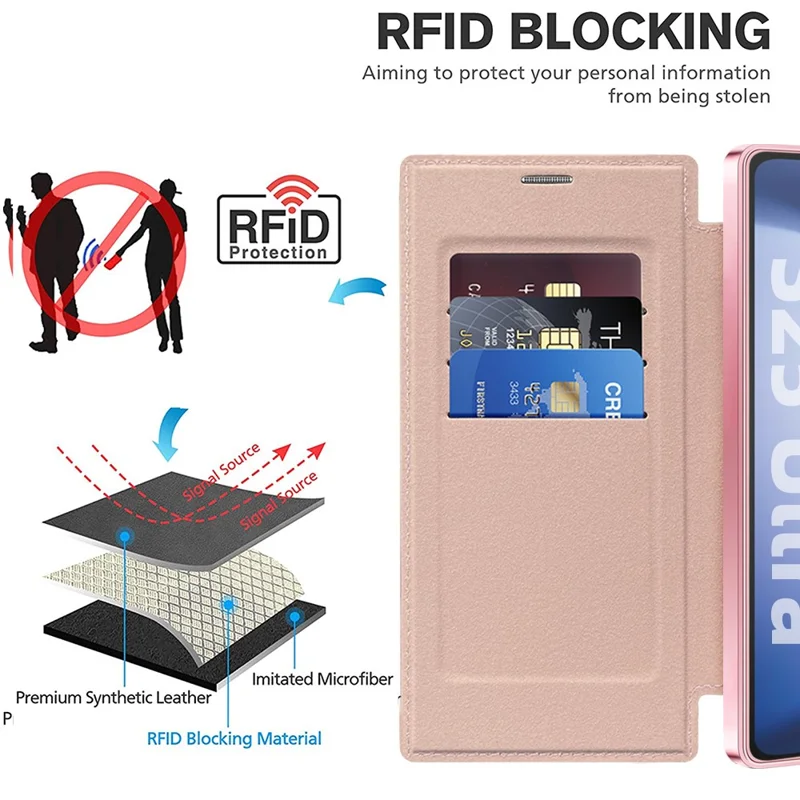 For Samsung Galaxy S25 Ultra Magnetic Case RFID Blocking Leather Phone Cover - Pink