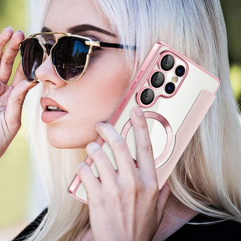 For Samsung Galaxy S25 Ultra Magnetic Case RFID Blocking Leather Phone Cover - Pink