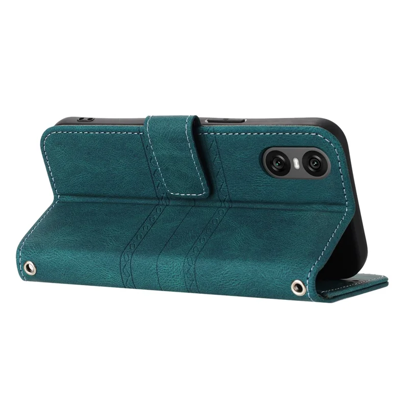 For Sony Xperia 10 VI Case Wallet Skin-Touch Leather Imprinted Phone Cover - Blackish Green