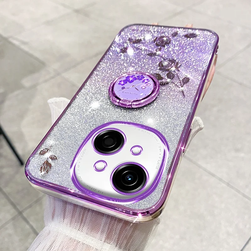 KADEM For TECNO Spark Go 2025 / Spark Go 1 / Pop 9 4G Case Ring Kickstand TPU Flowers Phone Cover Gradient Glitter - Purple