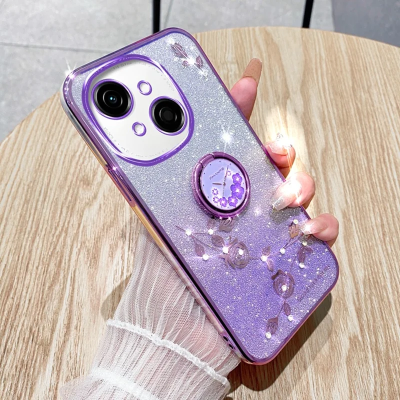 KADEM For TECNO Spark Go 2025 / Spark Go 1 / Pop 9 4G Case Ring Kickstand TPU Flowers Phone Cover Gradient Glitter - Purple