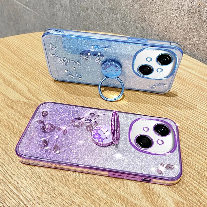 KADEM For TECNO Spark Go 2025 / Spark Go 1 / Pop 9 4G Case Ring Kickstand TPU Flowers Phone Cover Gradient Glitter - Purple