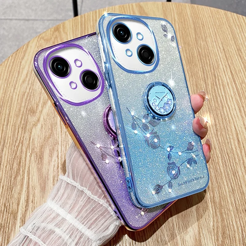 KADEM For TECNO Spark Go 2025 / Spark Go 1 / Pop 9 4G Case Ring Kickstand TPU Flowers Phone Cover Gradient Glitter - Purple