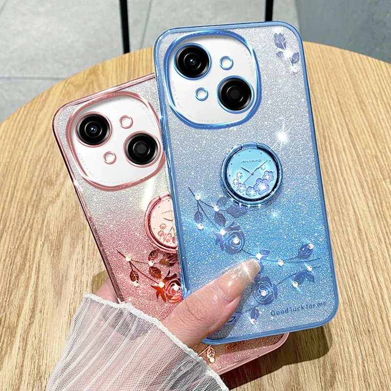 KADEM For TECNO Spark Go 2025 / Spark Go 1 / Pop 9 4G Case Ring Kickstand TPU Flowers Phone Cover Gradient Glitter - Purple