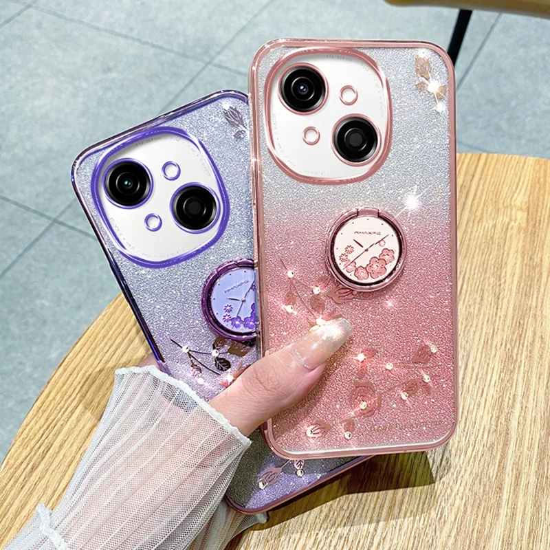 KADEM For TECNO Spark Go 2025 / Spark Go 1 / Pop 9 4G Case Ring Kickstand TPU Flowers Phone Cover Gradient Glitter - Purple