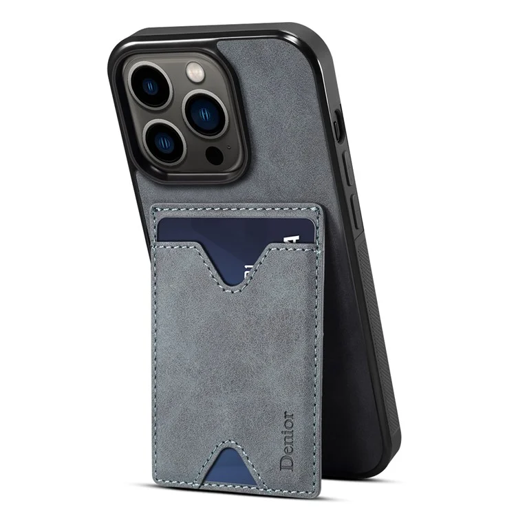 DENIOR For iPhone 14 Pro Card Holder Phone Cover Anti-scratch PU Leather Coated TPU Kickstand Case - Grey