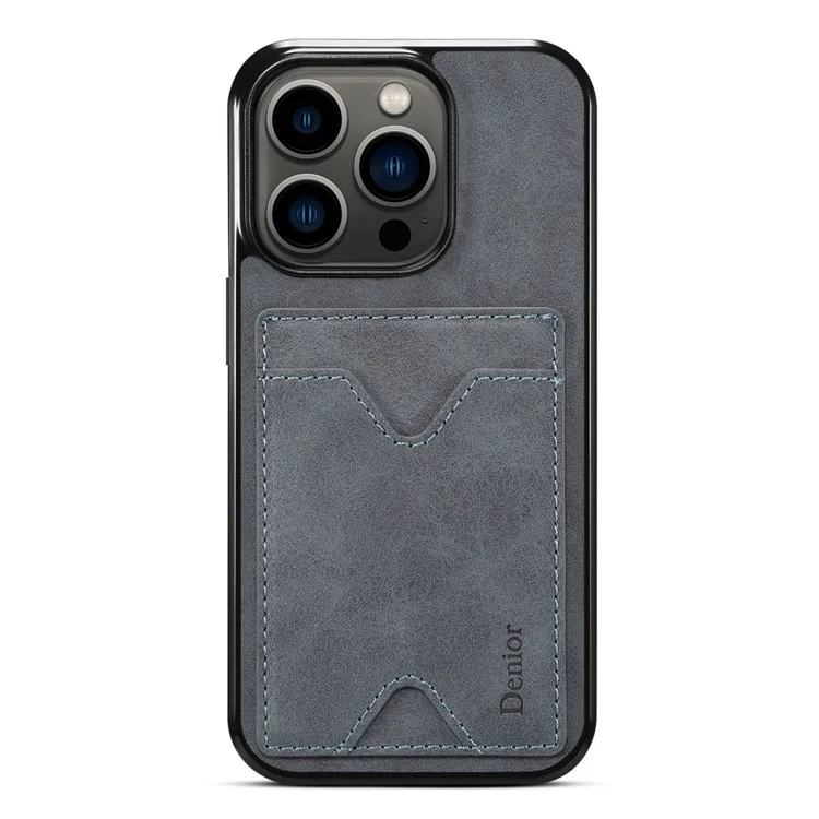 DENIOR For iPhone 14 Pro Card Holder Phone Cover Anti-scratch PU Leather Coated TPU Kickstand Case - Grey