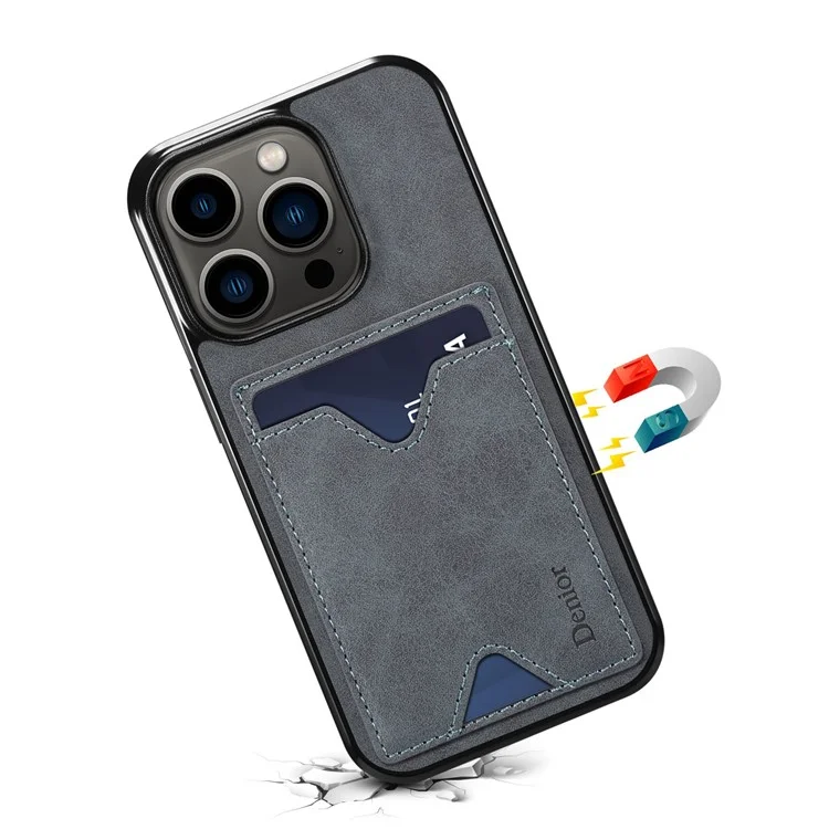 DENIOR For iPhone 14 Pro Card Holder Phone Cover Anti-scratch PU Leather Coated TPU Kickstand Case - Grey