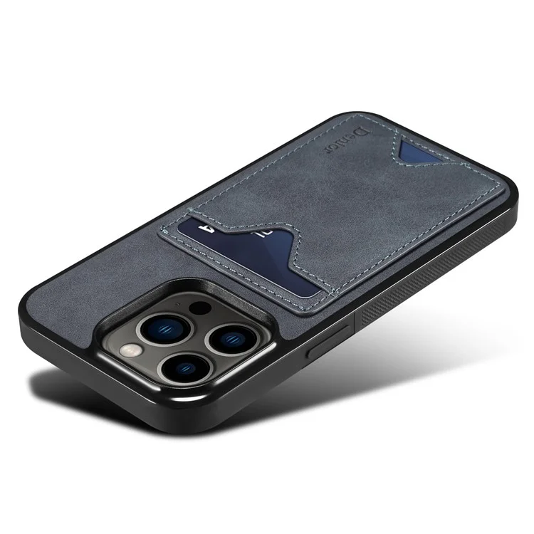 DENIOR For iPhone 14 Pro Card Holder Phone Cover Anti-scratch PU Leather Coated TPU Kickstand Case - Grey