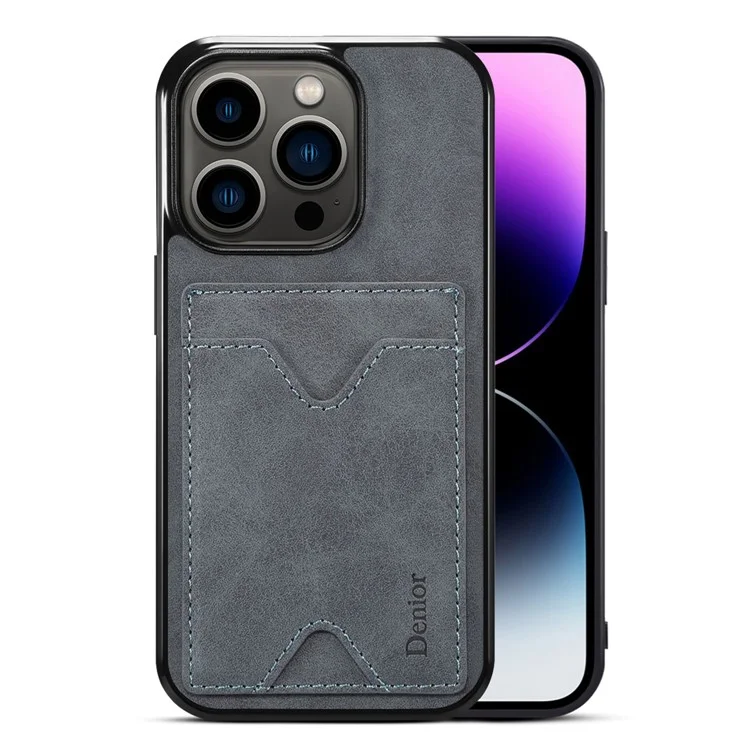 DENIOR For iPhone 14 Pro Card Holder Phone Cover Anti-scratch PU Leather Coated TPU Kickstand Case - Grey