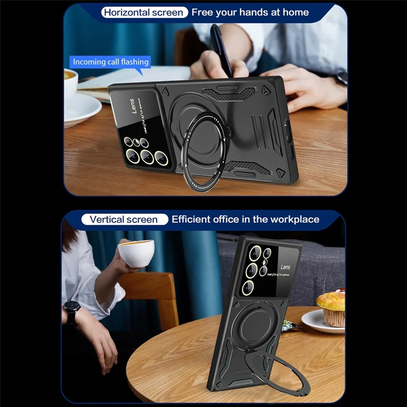 For Samsung Galaxy S25 Ultra Case Rotating Magnetic Kickstand PC+TPU Phone Cover - Black