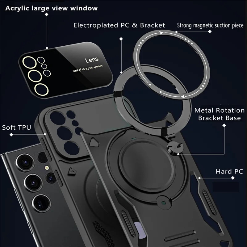 For Samsung Galaxy S25 Ultra Case Rotating Magnetic Kickstand PC+TPU Phone Cover - Black