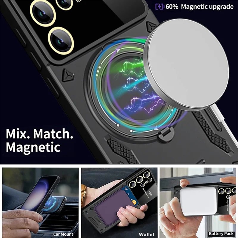 For Samsung Galaxy S25 Ultra Case Rotating Magnetic Kickstand PC+TPU Phone Cover - Black