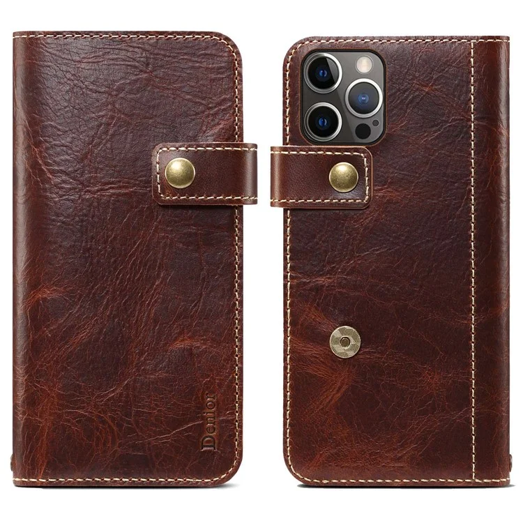 DENIOR Anti-Drop Phone Case per iPhone 14 Pro in Pelle Vera Custodia Protettiva Magnetica con Portafoglio e Supporto - Marrone