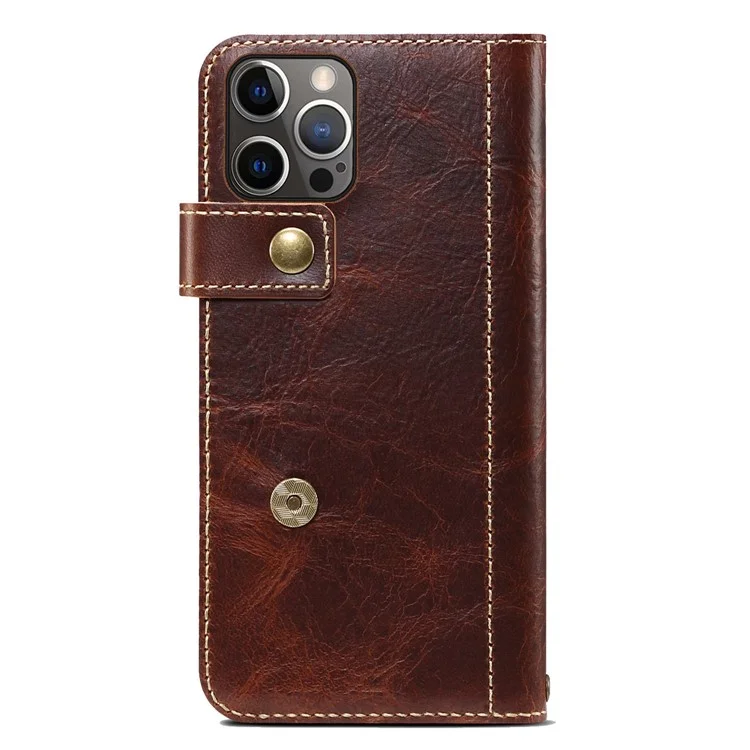 DENIOR Anti-Drop Phone Case per iPhone 14 Pro in Pelle Vera Custodia Protettiva Magnetica con Portafoglio e Supporto - Marrone