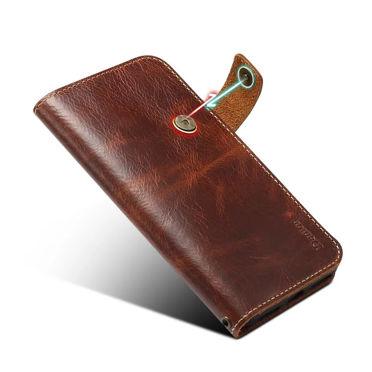 DENIOR Anti-Drop Phone Case per iPhone 14 Pro in Pelle Vera Custodia Protettiva Magnetica con Portafoglio e Supporto - Marrone