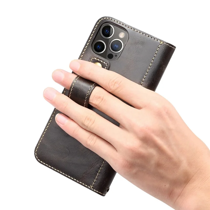 Funda de teléfono anti-caída DENIOR para iPhone 14 Pro, de cuero genuino, funda protectora con cierre magnético y billetera, con soporte - Negro