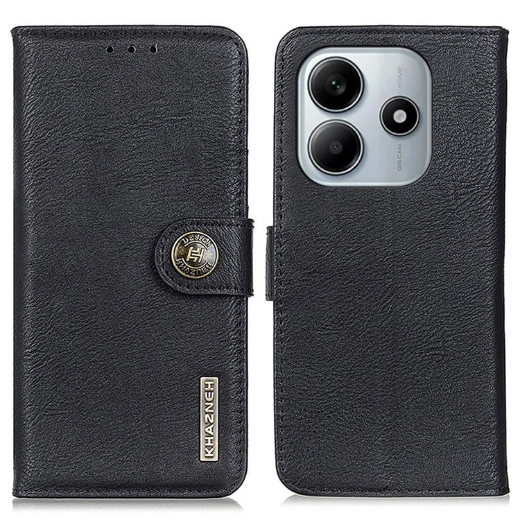 KHAZNEH For Xiaomi Redmi Note 14 4G (163.25x76.55x8.16mm) Wallet Case Cowhide Texture Leather Flip Phone Cover - Black
