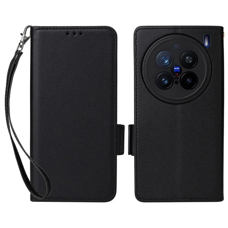 Für vivo X200 Pro 5G Hülle Litchi-Textur PU-Leder-Geldbörse Flip-Handy-Cover - Schwarz