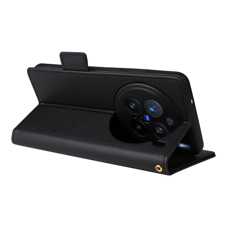 Für vivo X200 Pro 5G Hülle Litchi-Textur PU-Leder-Geldbörse Flip-Handy-Cover - Schwarz
