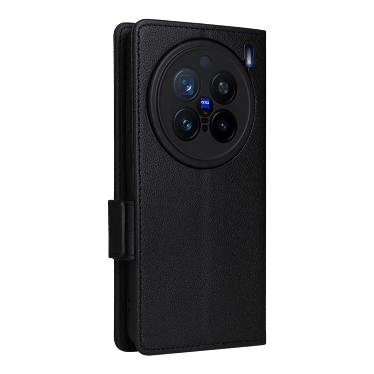 Für vivo X200 Pro 5G Hülle Litchi-Textur PU-Leder-Geldbörse Flip-Handy-Cover - Schwarz