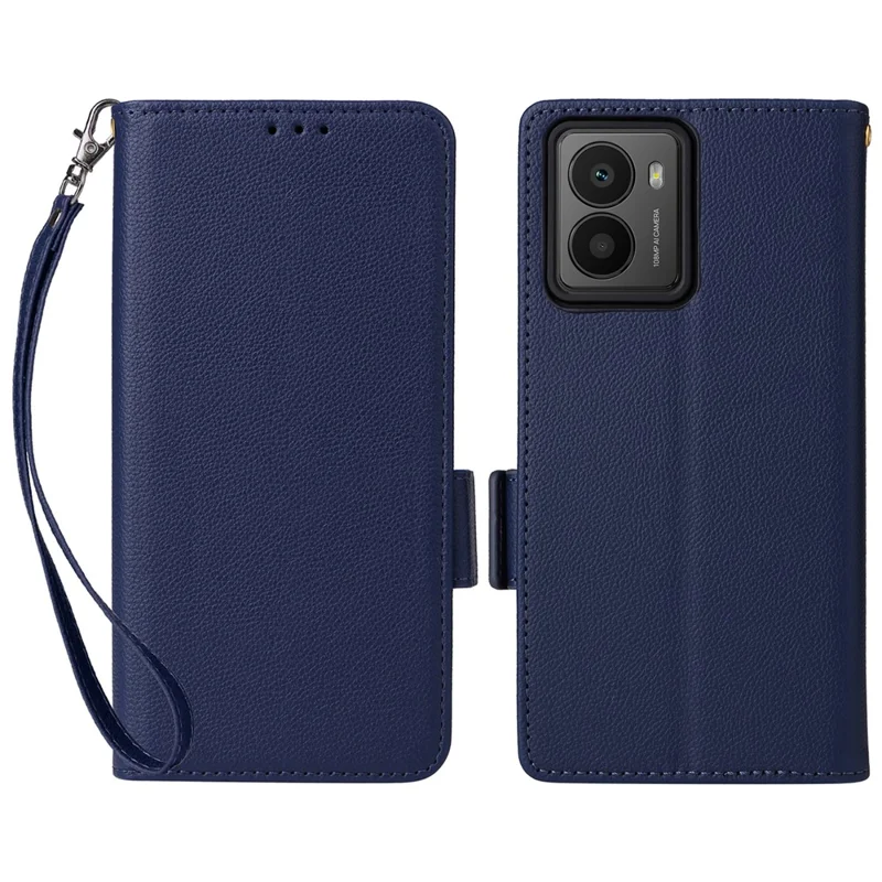 For HMD Fusion 5G Case with Wrist Strap Litchi Texture PU Leather Wallet Phone Cover - Dark Blue