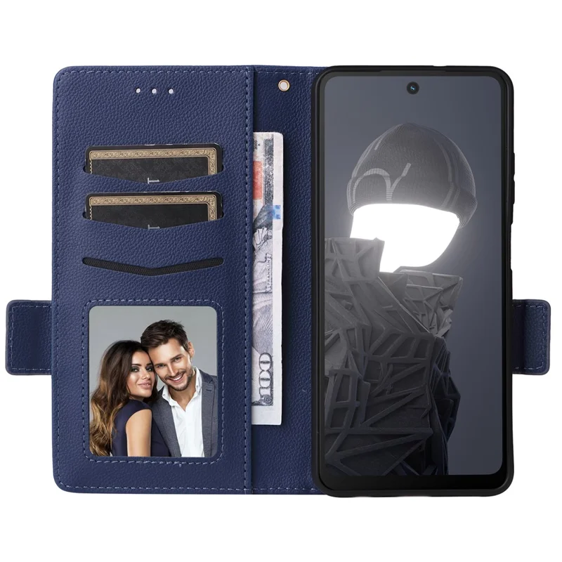 For HMD Fusion 5G Case with Wrist Strap Litchi Texture PU Leather Wallet Phone Cover - Dark Blue