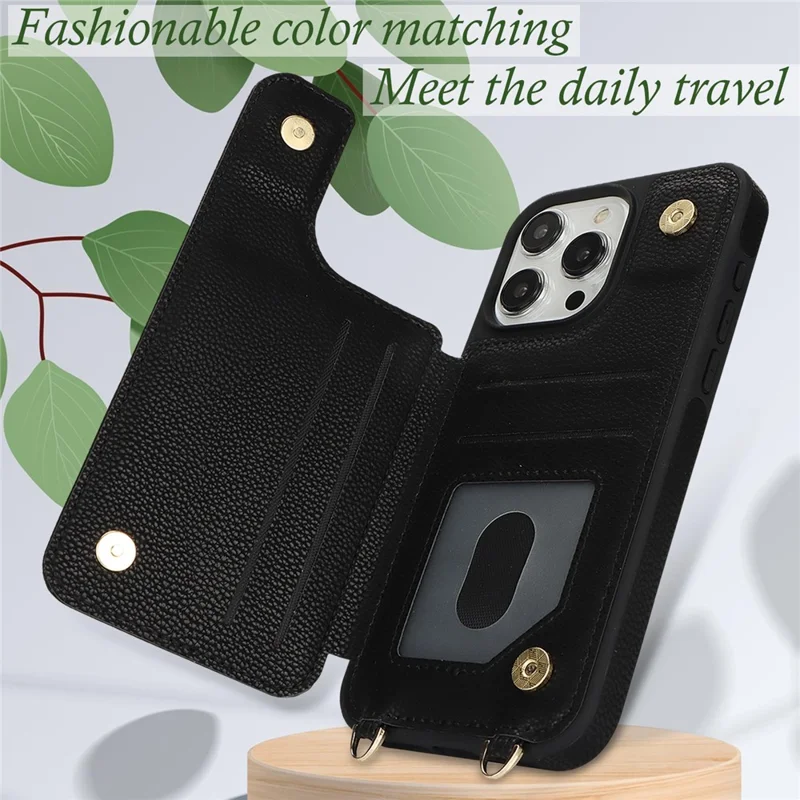 For iPhone 16 Pro Case with Card Holder, Kickstand, RFID Blocking PU+TPU Phone Back Cover - Black