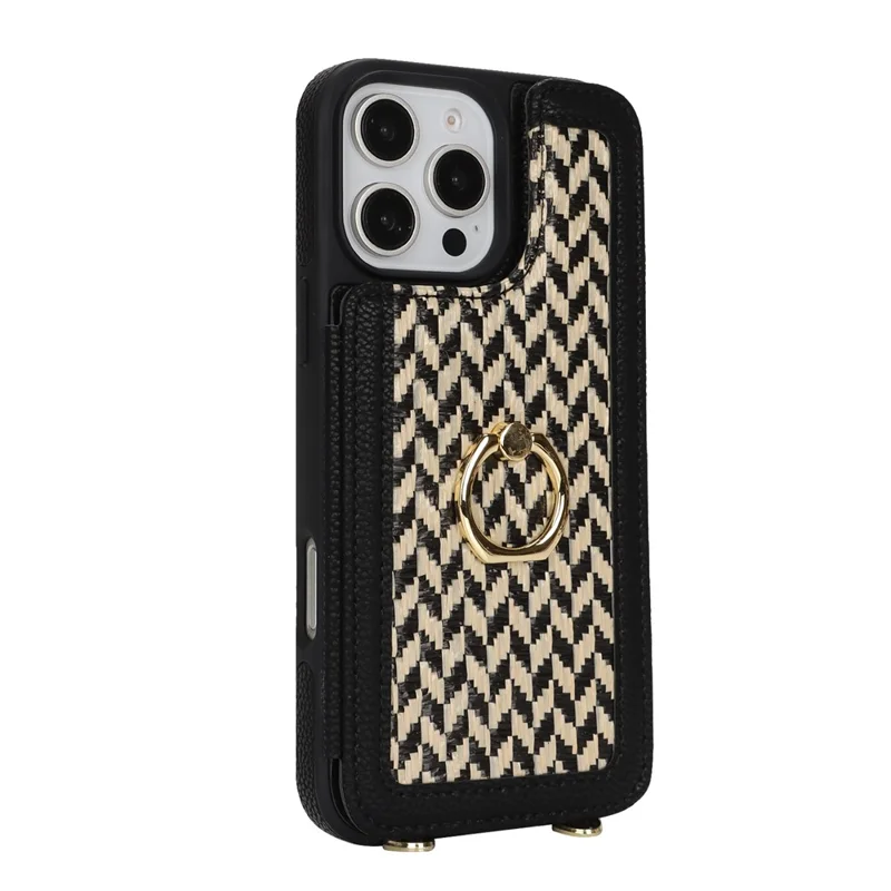 For iPhone 16 Pro Case with Card Holder, Kickstand, RFID Blocking PU+TPU Phone Back Cover - Black