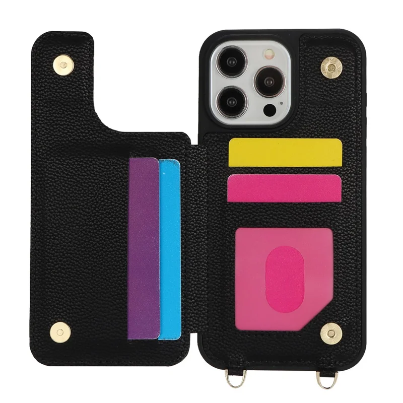 For iPhone 16 Pro Case with Card Holder, Kickstand, RFID Blocking PU+TPU Phone Back Cover - Black