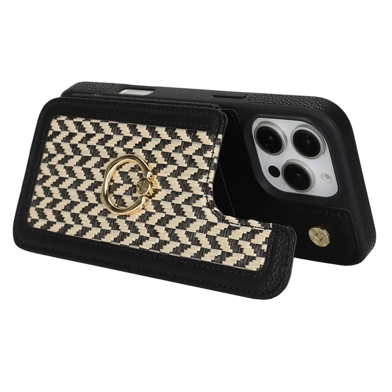 For iPhone 16 Pro Case with Card Holder, Kickstand, RFID Blocking PU+TPU Phone Back Cover - Black